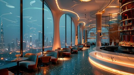 Aufkleber - An interior view of the luxury bar with its tall windows overlooking city skyline. Generative AI.