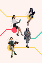 Wall Mural - Vertical photo collage of happy black white girls colleagues sit browsing macbook tablet office team company isolated on painted background