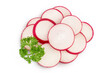 Radish slices isolated on white background. Top view. Flat lay