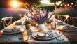 Lavender bouquet in a white vase on dining table set outdoors at sunset. Elegant alfresco concept