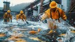 Workers in protective gear, helmets, aquatic construction, dam structure, aquaculture, leaping yellow fish, splashing water. Generative AI.