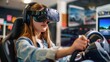 © Usman - Driving school. a young woman wearing virtual reality glasses learns driving in a driving school. a girl in VR glasses sits in a classroom and controls a virtual machine using the steering wheel
