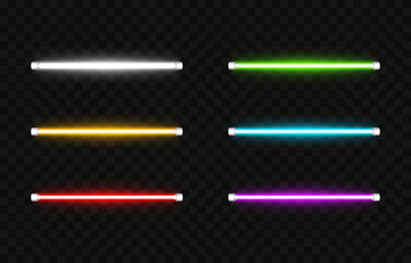 Sticker - Vector set of led lamps png. LED lamps of different colors on an isolated transparent background. Led lamp, neon light, light effect png. Night light.