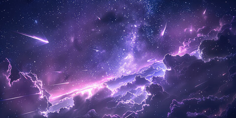 Wall Mural - Gorgeous constellations and shooting multiple meteors in a purple night sky cloud, aurora borealis vibes, surrealism, purple colors. Generative AI.