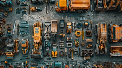Topdown shot of a building site layout with miniature construction vehicles and tools on a solid grey background.