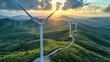 Aerial view of a wind turbine farm with sweeping green hills in the background. leading lines to draw the eye, diffused sunlight and billowing clouds for depth. Generative AI.