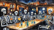 © Siraphatphoto - The skeletons join together for a fun party night, watercolor painting style, generative AI.