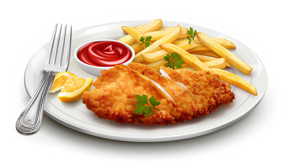 Wall Mural - chicken schnitzel with french fries and ketchup, with decorative fork and knife, delicious