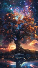 Wall Mural - An otherworldly depiction of a tree crowned with a celestial array, reflecting in tranquil waters below, creating a symphony of light and color.