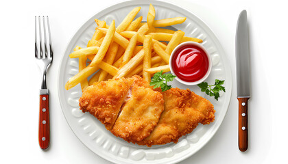 Wall Mural - chicken schnitzel with french fries and ketchup, with decorative fork and knife, delicious