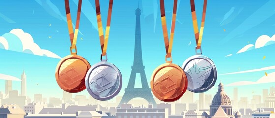 Illustration of vibrant sports medals against a stylized backdrop of Paris and the Eiffel Tower, capturing the essence of competitive spirit.