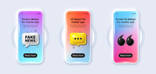 Wall Mural - Phone 3d mockup gradient screen. Fake news tag. Media newspaper sign. Daily information symbol. Fake news phone mockup message. 3d chat speech bubble. Yellow text box app. Vector