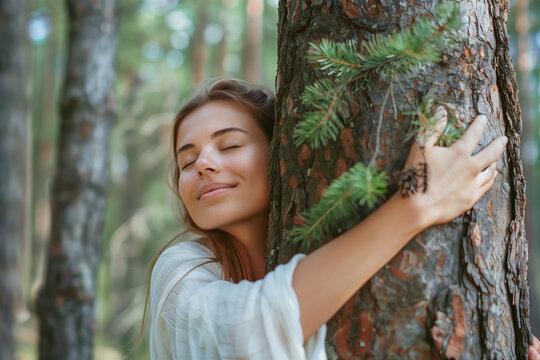 symbol image of forest bathing (shinrin yoku): young woman sensually hugging a tree (a.i.-generated)