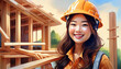 A young beautiful woman builder in a hard hat works joyfully and with a smile on the construction of a house.