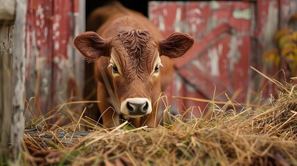 Wall Mural - Adorable red miniature cow farm barn eating hay