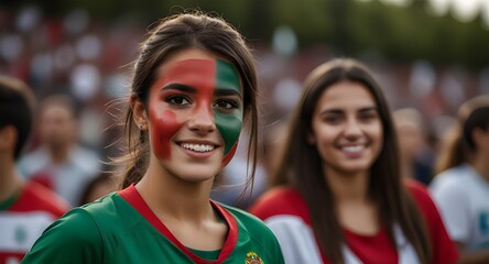 Happy PORTUGAL woman supporter with face painted in PORTUGAL flag , PORTUGAL fan at a sports event such as football or rugby match euro 2024, blurry stadium background