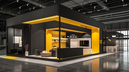 Exhibition stand with complex construction, in black and yellow colors, lot of furniture, good lighting, modern style high contrast cinematic lighting