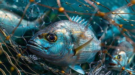 Wall Mural - Banded sea bream trapped in nets