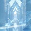 Create a realistic 3D rendering of an ice palace. The palace should be made of blue ice, and it should have a large door at the end of a long hallway.