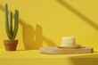 Yellow background with cacti and straw hat, Cinco de Mayo, Mexican, Mariachi, concept