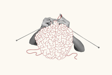 Wall Mural - Vector illustration. Contemporary art collage. Human hands knitting brain. Growing psychological and emotional stability. Concept of psychology, inner world, mental health, feelings. Conceptual art