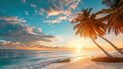 Beautiful sunset over the sea with a view at palms on the white beach