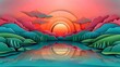 © JK_kyoto - Create a paper cut out landscape with the following elements: a lake, mountains, trees, and a sunset. The colors should be vibrant and the style should be whimsical.
