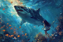 Ocean Wonder: Girl And The Great White
Image Of A Little Girl Gazing At A Large Shark Underwater