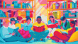 © Oksa Art - Colorful Illustration of Diverse Group Reading in Library