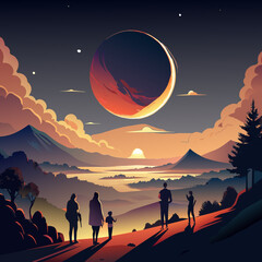 Wall Mural - Majestic Evening Landscape with Family and Giant Moon