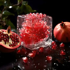 Fresh pomegranates around, branches of the pomegranate tree, and pomegranate seeds inside an ice cube