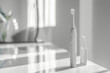 Showcase a modern electric toothbrush against a pristine white setting. The image portrays the intersection of health, technology, and everyday convenience.