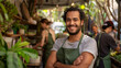 A cheerful young man in a green apron, arms crossed, oversees his eco-friendly store bustling with activity.