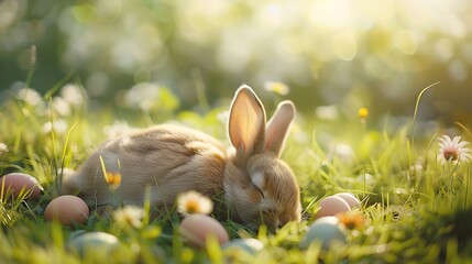 Bunny sleeps easter eggs in meadow