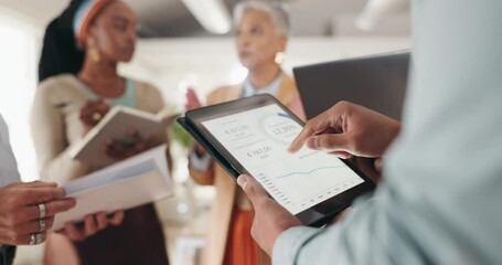 Poster - Chart, tablet and hands of business people with graph for statistics, website and planning. Teamwork, meeting and men and women on digital tech for data analysis, finance review or research in office