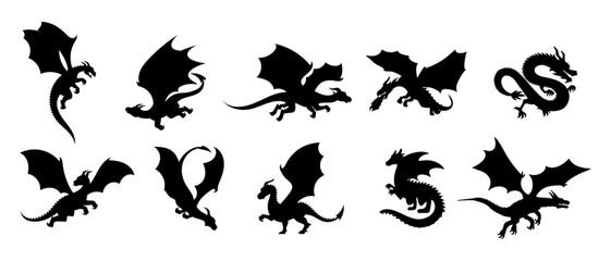dragon silhouette. dragon crest wings great set collection, dragon tattoo designs, black vector illu