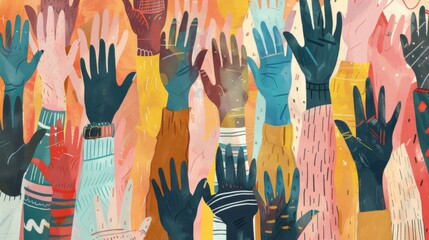 an illustration showcasing a collection of diverse and colorful hands raised up. unity, participatio