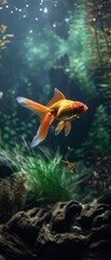 Wall Mural - A goldfish swimming in a tank with green plants