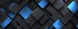 Abstract geometric black gray 3d texture wall with squares and square cubes background banner illustration with blue glowing lights, textured wallpaper.