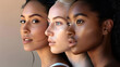 © Prasanth - Four women with different skin tones stand side by side. Concept of unity and diversity, celebrating the beauty of different skin colors
