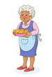 Cute African American grandmother stands with a plate of pies in her hands. Isolated on white background. Vector illustration.