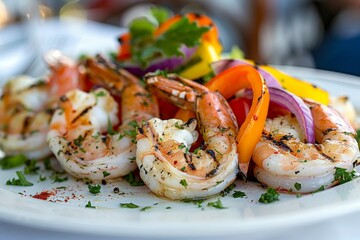 Wall Mural - Delicious grilled shrimp served on a clean white plate for a mouthwatering presentation