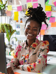 Wall Mural - Smiling african american girl at her workplace, working hard in the office at her desk. Pleasant working atmosphere