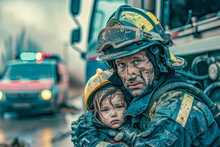 Fireman Saves A Baby From Fire.A Firefighter Is Hugs A Kid And Looks Directly To Camera.