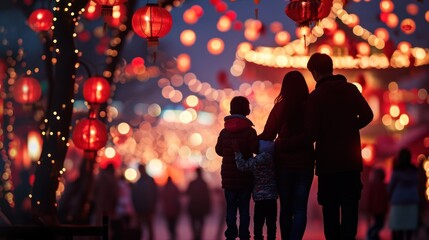 a happy family in lantern festival in street to celebrate chinese lunar new year.