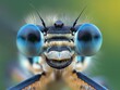 Close-up of a dragonfly's head showcasing intricate details and vibrant blue eyes.