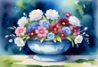 Watercolor illustration of blue planter filled with colorful spring flowers