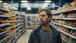 © Joyce - A male shopper in a grocery store shopping for food.