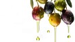 Olive oil dripping from fruits isolated on white background and text space