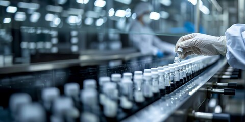 A pharmacist scientist wearing sanitary gloves inspects medical vials on a production line conveyor belt in a pharmaceutical factory producing prescription drugs, purple